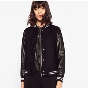 Zara Black Varsity Bomber Jacket with Striped Trim